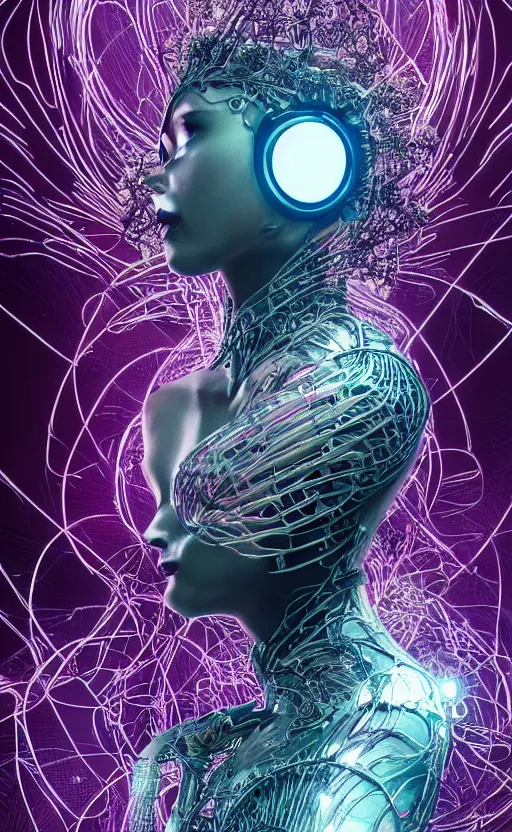 Image similar to organic cyborg queen, beautiful muse, synth, synthetic bio skin, futuristic translucent pearlescent skin, diffuse lighting, space opera, intricate, elegant, highly detailed,smooth, sharp focus, vogue poses, striking composition, highly detailed ornate sci fi background, vivid details, amalgamation of nature and technology, wires, glowing tubes, beautiful composition, painting in the style of sandro botticelli, caravaggio, albrecth durer, 8k