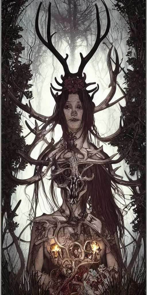 Image similar to intense glowing black metal pagan god with antlers and fangs and intense glowing eyes with a goat skull in very dark forest by marco mazzoni and alphonse mucha, portrait, fantasy, clear, light beams, lens flare, intense, uhd, amazing depth, cinematic lighting