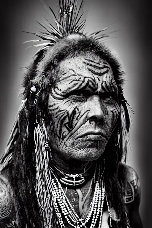Prompt: portrait of hopi shaman, 3 0 yo, angry look, tattoos, dark background, studio light, hdr, nikon 2 8 mm f / 1. 8 g, by sebastiao salgado