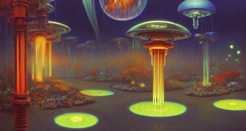 Prompt: a bright minimalist bioluminescent oil painting by donato giancola, warm coloured, cinematic scifi luxurious futuristic foggy steam filled victorian garden with microscopy radial windows flowers growing out of pretty bulbous ceramic fountains, gigantic pillars and flowers, maschinen krieger, beeple, star trek, star wars, ilm, atmospheric perspective