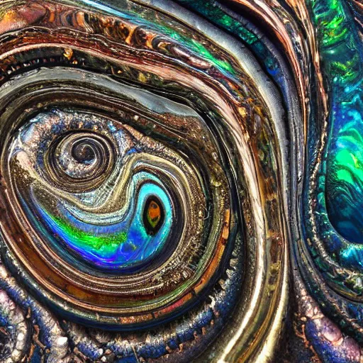 Image similar to Art Nouveau cresting oil slick waves, hyperdetailed bubbles in a shiny iridescent oil slick wave, ammolite, detailed giant opalized ammonite shell, black opal, abalone, paua shell, ornate copper patina medieval ornament, rococo, oganic rippling spirals, octane render, 8k 3D, cresting waves and seafoam