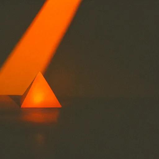 Prompt: a small glowing orange pyramid floating above an open palm, dark lighting