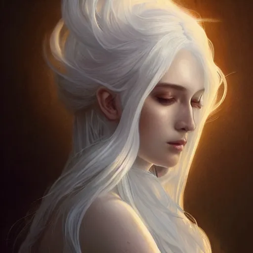 Prompt: god, ghostly, white hair, long hair, gorgeous, amazing, elegant, intricate, highly detailed, digital painting, artstation, concept art, sharp focus, illustration, art by artgerm and greg rutkowski and alphonse mucha