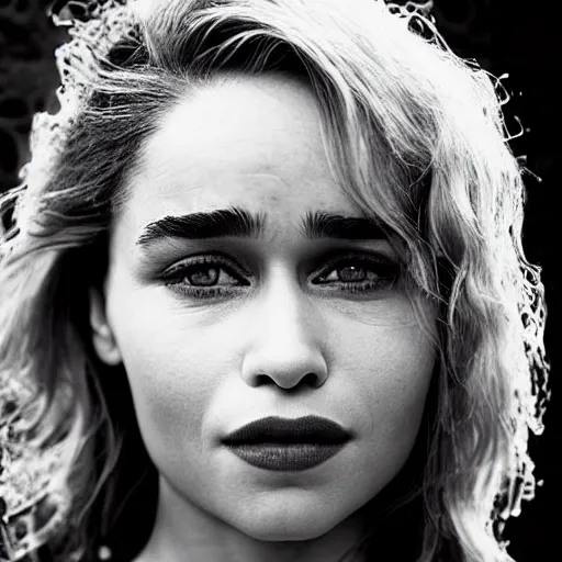 Prompt: black and white vogue closeup portrait by herb ritts of a beautiful female model, emilia clarke, high contrast