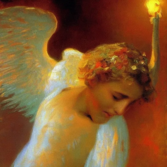 Image similar to high quality high detail painting by ilya repin depicting trump as a beautiful angel, glow