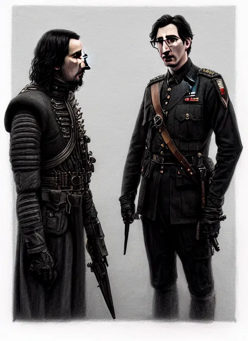 Prompt: a portrait of john oliver standing next to adam driver, stoic, military uniform, fantasy, intricate, beautiful, highly detailed, charcoal, centered, dark, smokey, digital painting, concept art, smooth, sharp focus, illustration, art by artgerm and greg rutkowski