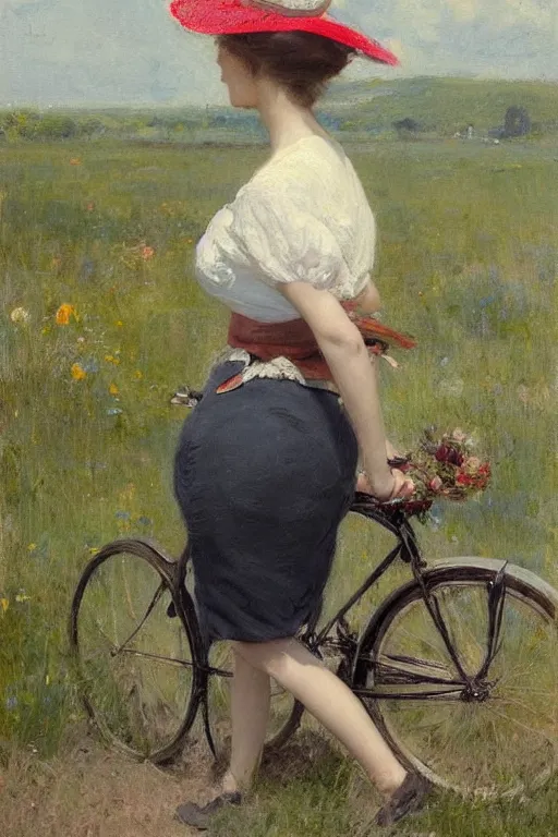 Prompt: “ woman on bicycle, summerdress, hat, jeremy lipking, joseph todorovitch ”
