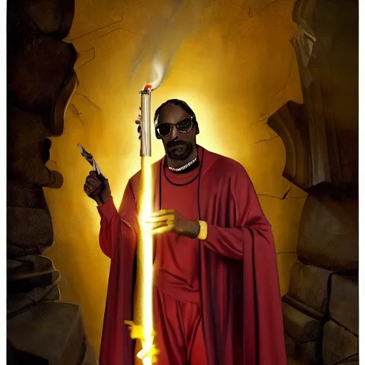 Prompt: Snoop dog wearing a cape in the ruins of the temple of old gods holding a torch in a defensive way, featured on artstation, dramatic, cinematic chiaroscuro, contrast light, digital art by Leyendecker and Norman Rockwell