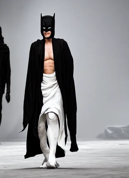 Image similar to hyperrealistic and heavy detailed rick owens avant garde runway show of batman, leica sl 2 5 0 mm, vivid color, high quality, high textured, real life