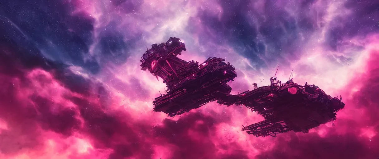 Image similar to space, hyperdetailed illustration, portrait big dark dog, mohawk, stars, pink, neon, oil painting, rich deep colors masterpiece, pirate neon ship, ultra detailed, contrast, heaven pink, clouds, volumetric light, atmospheric lighting, dramatic, cinematic, moody, octane render 4 k, 8 k