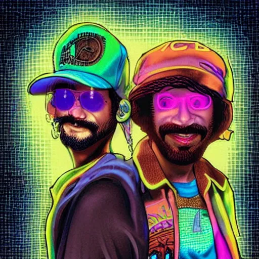 Prompt: cyberpunk cheech and chong