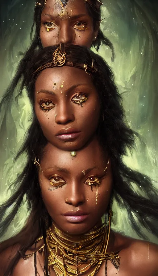 Image similar to epic masterpiece portrait of a dark skin sorceress with a magic wand, on the battlefield, african tribe makeup and jewelry, sweaty skin, hyperrealistic, octane render, cinematic, followed by heads with many faces, beautiful face and flawless skin, perfect hands, emeralds by Edgar Maxence and Ross Tran and Michael Whelan, Legends of Runeterra