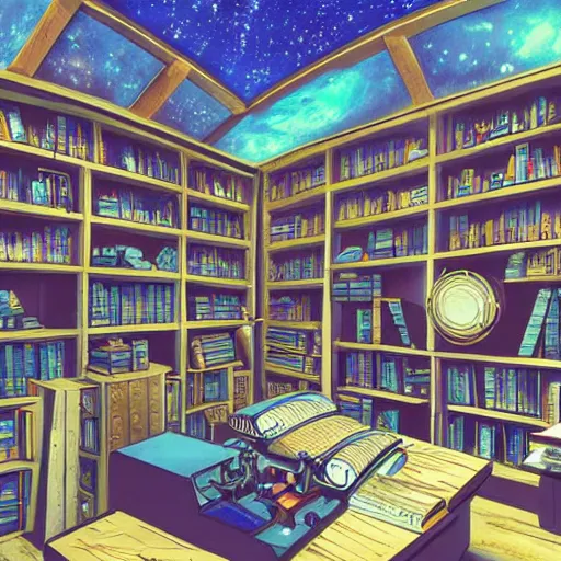 Prompt: Interior of an observatory, Blue light, Telescope, Shelves of books, Cluttered with Star maps, charts and tools, Dramatic lighting, Epic composition, Wide angle, by Miyazaki, Nausicaa Ghibli, Breath of The Wild