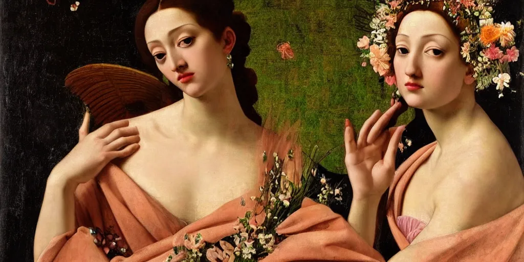 Image similar to a portrait of a very beautiful goddess with a halo behind her head, seductively looking in front, closeup, beautiful aesthetic face, in the style of Caravaggio and Vermeer and Gustav Klimt, realistic, dark, dramatic lighting, large flowers in the background