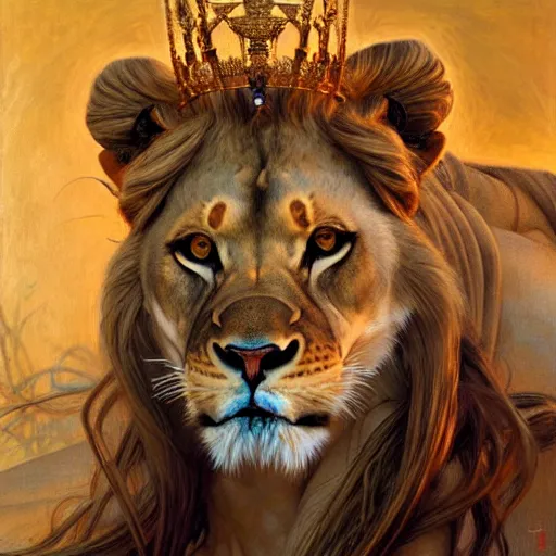 Prompt: highly detailed portrait of a majestic lioness queen in the form of a beautiful woman. d & d. art by donato giancola, eugene delacroix, ruan jia, carl larsson, geof darrow. trending on artstation, intricate details, energetic composition, golden ratio, concept art, illustration, elegant art, global illuminaition