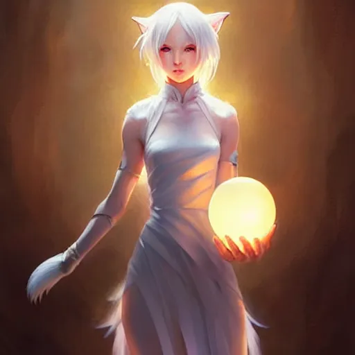 Image similar to a woman in a white dress holding a glowing ball | with nine white fox tails | a detailed painting by ross tran | wlop!!!!!!!!!!!!!!! and stanley artgerm lau | featured on deviantart | fantasy art | anime | 2 d game art | official art