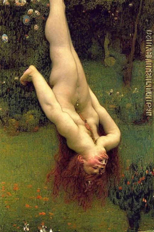 Prompt: a painting of a viking gardener floating upside down in the garden by gustav moreau, jean delville and  Gaston Bussiere