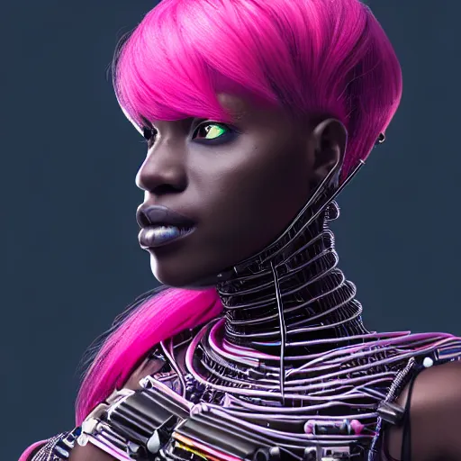 Image similar to portrait of a beautiful dark skinned woman with pink hair as a cyberpunk cyborg half robot, revealing wires and electronics, hooked - up, sci - fi, missing panels, intricate abstract upper body intricate artwork, concept art, octane render, deviantart, cinematic, key art, hyperrealism, iridescent accents, portrait photograph, nikon 3 5 mm, photograph by greg rutkowski