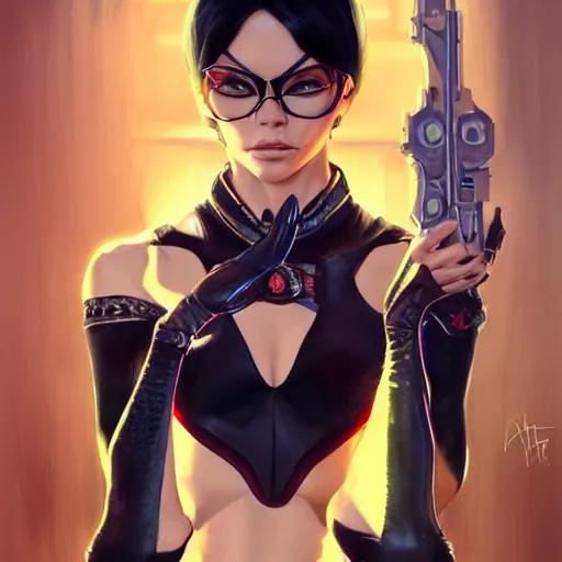 Image similar to a portrait of jenna dewan as bayonetta, upper half portrait, urban motifs, intricate, elegant, highly detailed, digital painting, trending on artstation, concept art, smooth sharp focus, illustration, art by artgerm and greg rutkowski