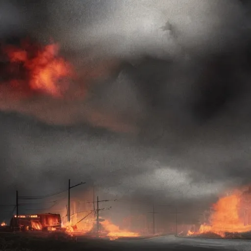 Image similar to trainwreck, boxcar on fire, atmospheric smoke and fog, post-apocalyptic, Cinematic, high detail