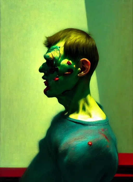 Image similar to he dreams of all the battles won, but fate had left its scars upon his face, depth of field, hauntingly surreal, highly detailed oil painting, by francis bacon, edward hopper, adrian ghenie, glenn brown, soft light, 8 k hd, cinematic composition, cinematic lighting in red, green and blue colours