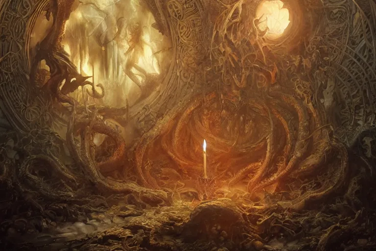 Image similar to a lovecraftian painting of a demonic shrine, occult, demon summoning, hell gate, cosmic horror elements, ultra realistic, concept art, intricate details, eerie, highly detailed, photorealistic, octane render, 8 k, unreal engine. art by artgerm and greg rutkowski and alphonse mucha