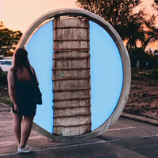 Prompt: a woman facing an portal on the street. the street leads dozen a city. the portal is oval, upright and surrounded by blue energy. the portal leads to a beach at sunset