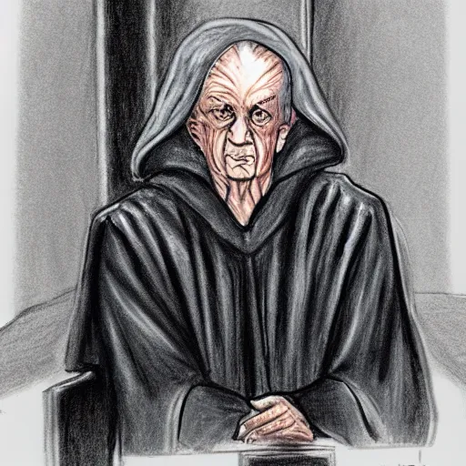 Image similar to courtroom sketch of emperor palpatine on trial