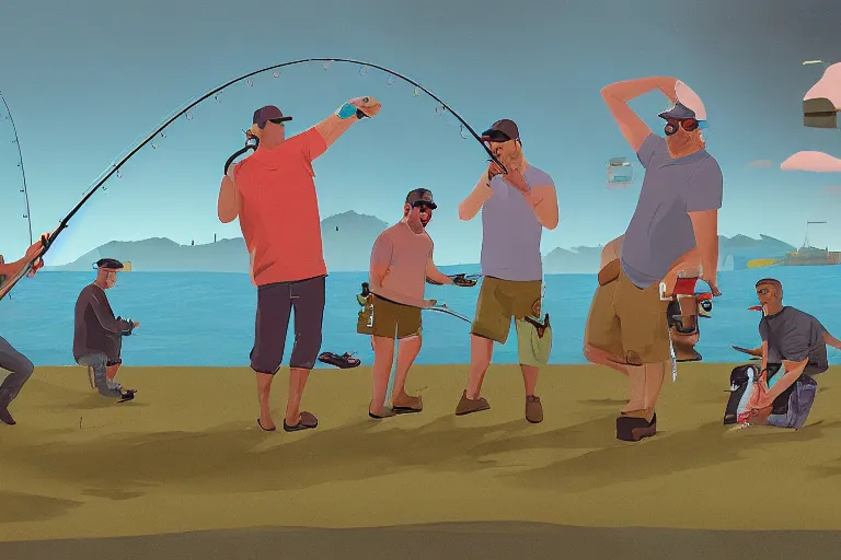 Prompt: mid - thirties guys binge drinking and fishing, in the style of simon stalenhag