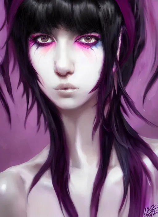 Prompt: hair blackbangs hair, white cyberlox, portrait of normal teenage girl, normal face, black bangs, messy bangs, fluffy bangs, cyberlox, whitebangs, red contact lenses, purple background, intricate, elegant, highly detailed, digital painting, artstation, concept art, sharp focus, smooth, illustration, art by wlop, mars ravelo and greg rutkowski