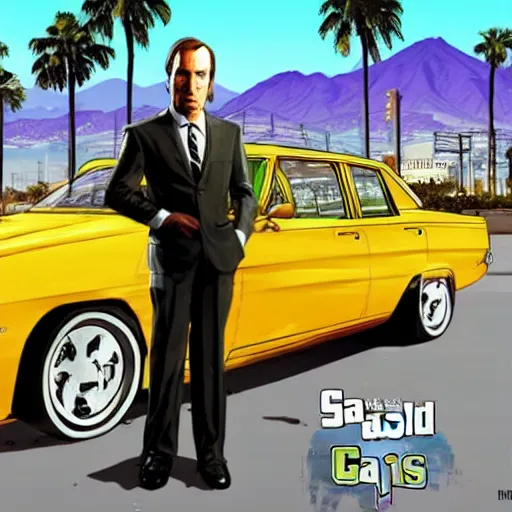 Image similar to Saul Goodman in GTA V . Los Santos in the background, palm trees. In the art style of Stephen Bliss.