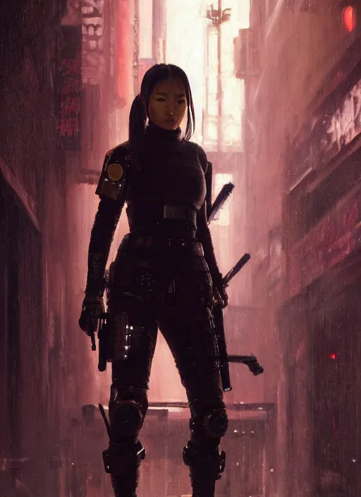 Prompt: Maria Tanaka. female Cyberpunk samurai wearing military vest walking through nightclub (blade runner 2049, cyberpunk 2077). Orientalist portrait by john william waterhouse and James Gurney and Theodore Ralli and Nasreddine Dinet, oil on canvas. Cinematic, hyper realism, realistic proportions, dramatic lighting, high detail 4k