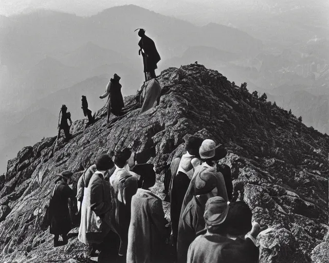 Prompt: a group of people standing on top of a mountain, a black and white photo by Sergio Larraín, featured on flickr, remodernism, movie still, criterion collection, 1920s