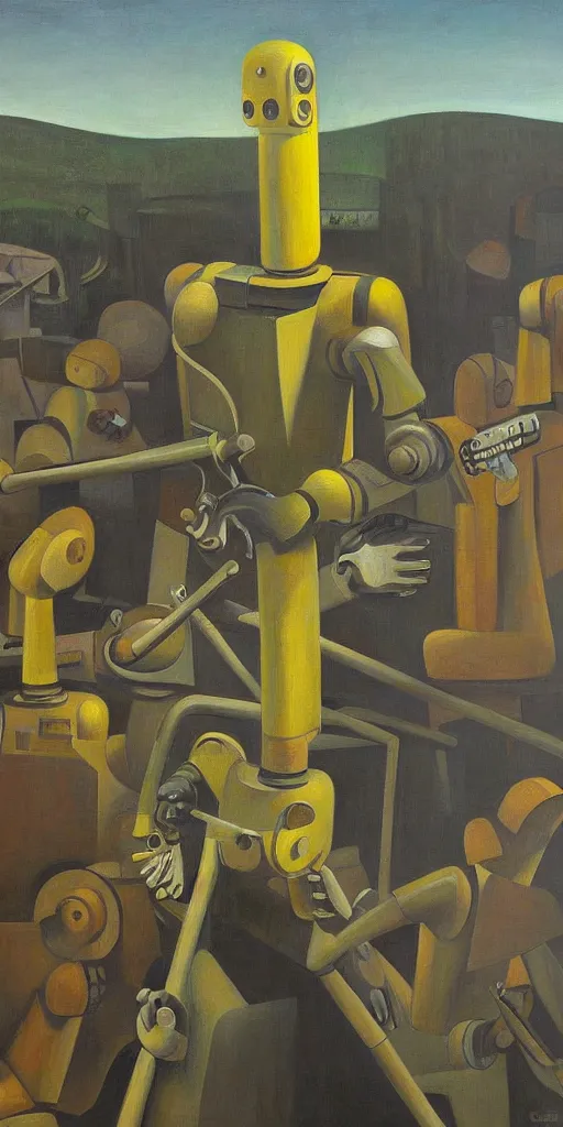 Image similar to robots falling down a deep shaft, grant wood, pj crook, edward hopper, oil on canvas