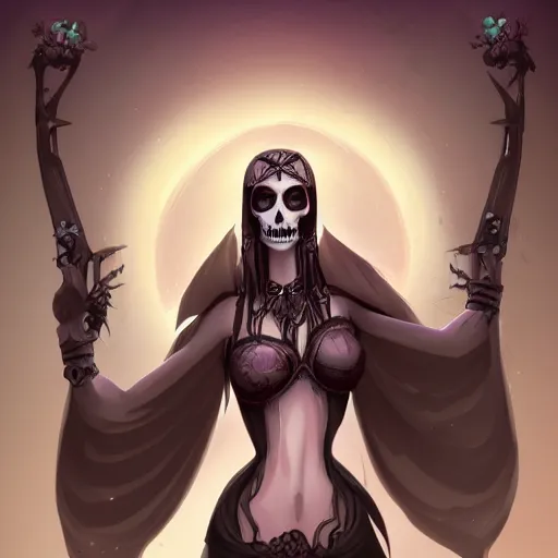 Image similar to a beautiful feminine necromancer raising the dead, illustration, skulls, character design by nixeu by artstation, 2 d cg