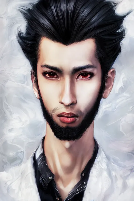 Image similar to beautiful medium shot portrait of a young arabic man casually dressed inspired by ayami kojima, three - quarters portrait, white background white bank studio light, artstation, movie poster, art by yoshitaka amano, hiroaki samura, jiro matsumoto and yusuke murata, sharp focus, high quality, 8 k