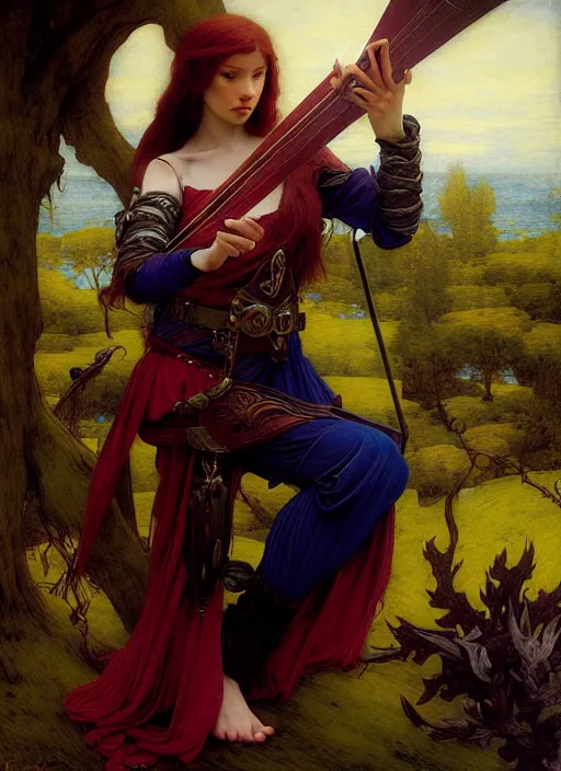 Image similar to elf bard playing lute, full body, hyper realistic, extremely detailed, dnd character art portrait, dark fantasy art, intricate fantasy painting, dramatic lighting, vivid colors, deviantart, artstation, by edgar maxence and caravaggio and michael whelan and delacroix.