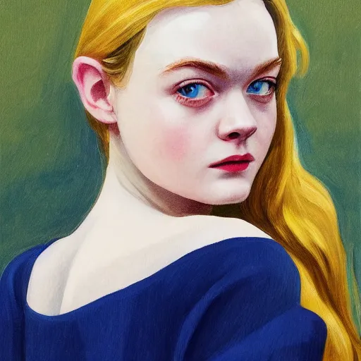 Prompt: professional painting of Elle Fanning in the style of Edward Hopper, head and shoulders portrait, symmetrical facial features, smooth, sharp focus, illustration, intricate, stormy weather, extremely detailed masterpiece,