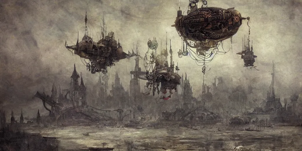 Image similar to a giant floating steampunk airship, by Mikhail Vrubel, trending on artstation