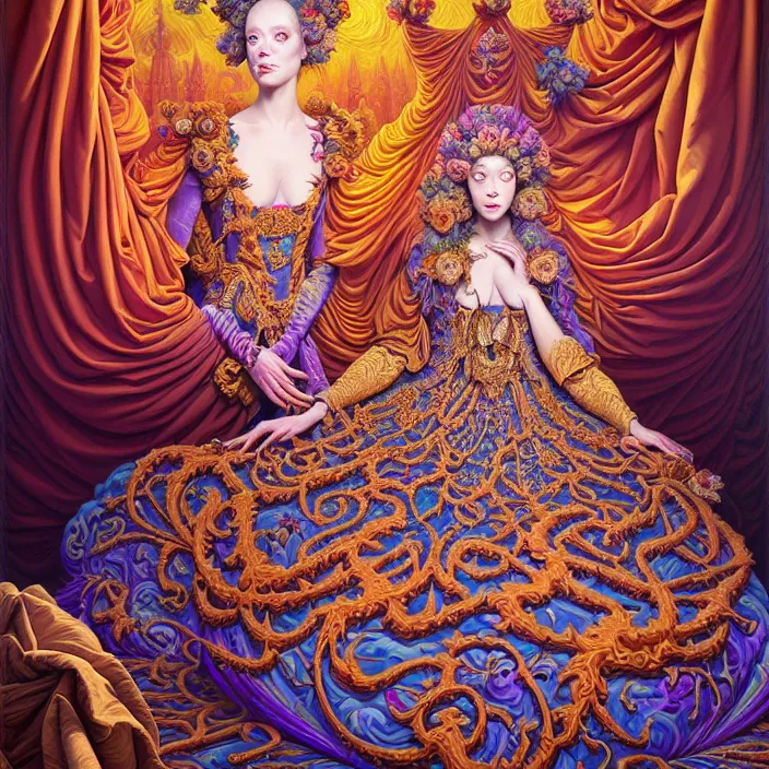 Image similar to beautiful oil painting, full length portrait of dauphinois in baroque coronation robes 1701, Dan Mumford, Dan Mumford, Alex grey, hyacinthe rigaurd, highly detailed , lsd visuals, dmt fractal patterns, hallucinogen, visionary art, psychedelic art, ornate, vaporwave, baroque, Greg rutkowski