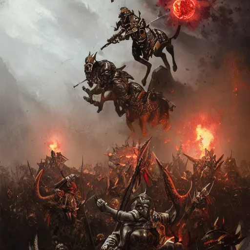 Image similar to Soldiers from the Holy Roman Empire fight Demons in Warhammer Fantasy, by Cedric Peyravernay, highly detailed, excellent composition, cinematic concept art, dramatic lighting, trending on ArtStation