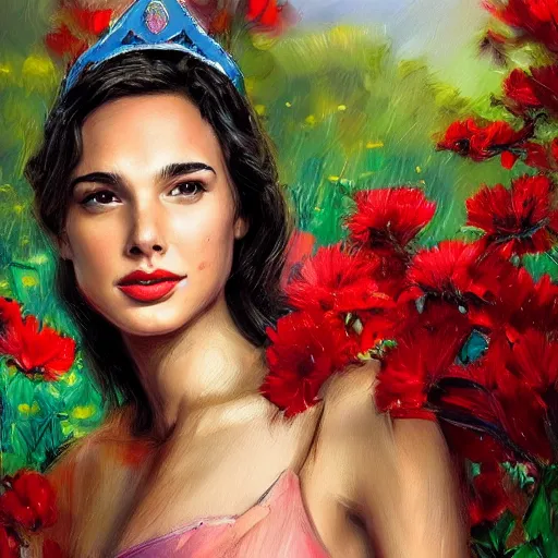 Prompt: fine art oil painting of the beauty gal gadot, she is posing while maintain a sweet eye contact to the camera, she has a crown of flowers, the photo was taken at sunrise with a bokeh effect, by steve mccurry, photorealistic, matte painting, hyper realistic, 4 k, 8 k, cinematic composition, hd, highly detailed, trending on artstation