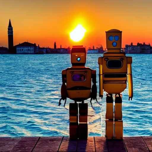 Image similar to two humanoid robots who faill in love in venice, sunset golden hour