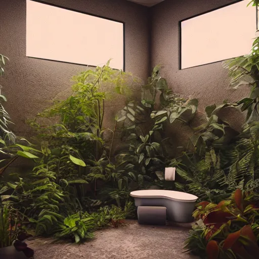 Prompt: a bathroom with a lot of plants inside of it, cyberpunk art by Gregory Crewdson, unsplash, ecological art, reimagined by industrial light and magic, rendered in unreal engine, diorama