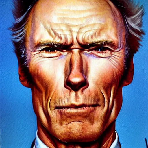 Image similar to a portrait painting of Clint Eastwood. Painted by Norman Rockwell