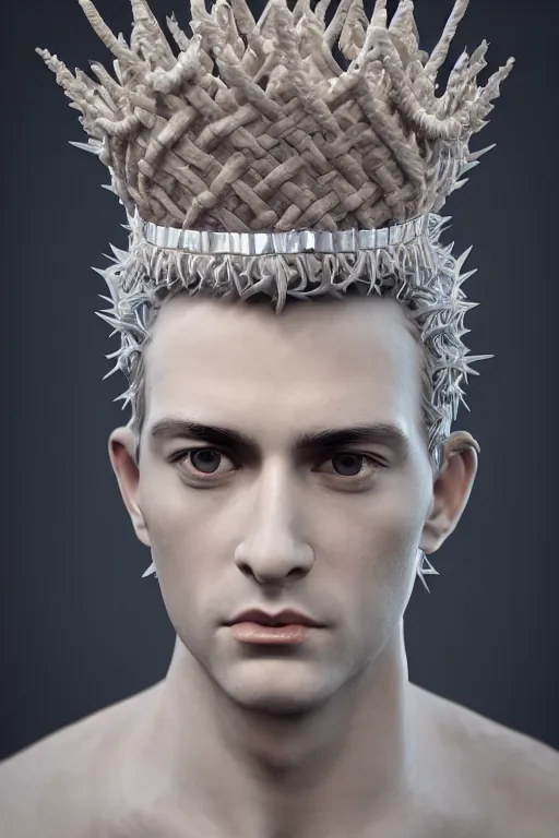 Image similar to a realistic porcelain baroque style sculpture of handsome young seductive Spanish prince with a spiky hair, wearing a crown made out of woven pipe cleaners, floating in outer space, photorealism, octane render, depth of field, 8k, 35mm, artgem, Trending on artstation