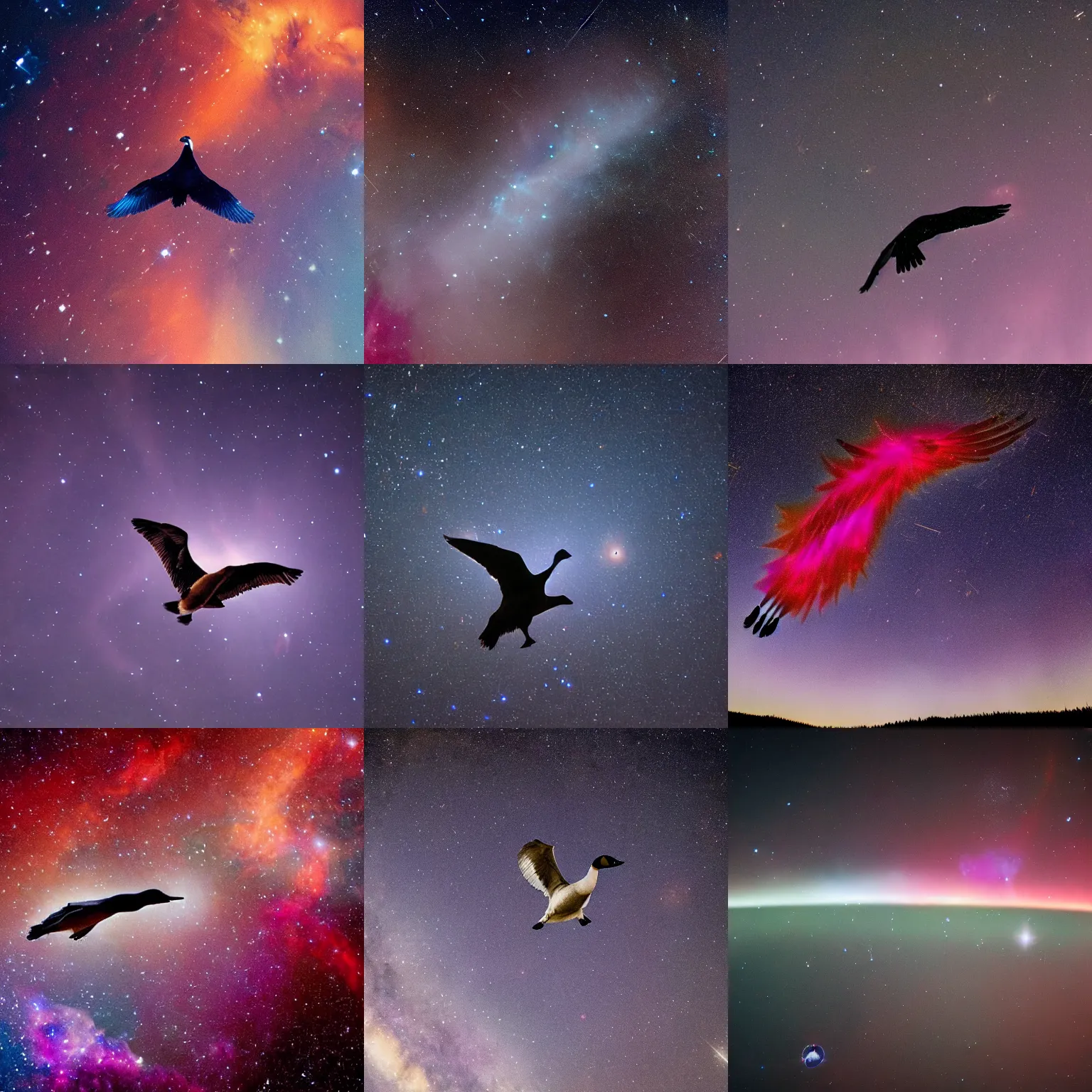 Prompt: A cosmic Canada goose, a single majestic gigantic goose flying among the stars and nebulae