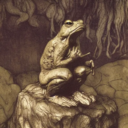 Prompt: toad philosopher toad in a pose The Thinker, swamp, Auguste Rodin, realistic toad, illustrations by irish fairy tales james stephens arthur rackham, fairy tale illustrations, top cinematic lighting , very detailed, shot in canon, 8k, high resolution