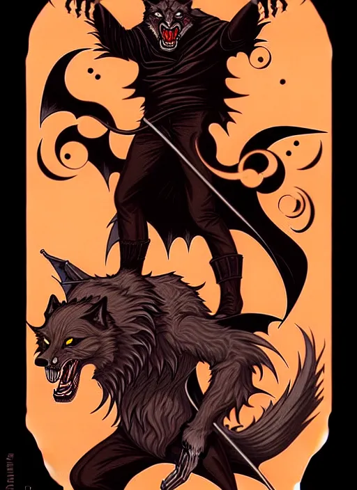 Image similar to concept art design illustration, halloween, werewolf, vampire, hunter, 1 6 colors, logo, ink drawing, art by jc leyendecker and sachin teng