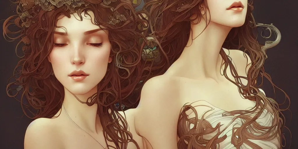 Prompt: beautiful woman is an angelic version of her self, dark surrealism , scifi, intricate, elegant, highly detailed, artstation, concept art, smooth, sharp focus, illustration, art by artgerm and moebius and alphonse mucha